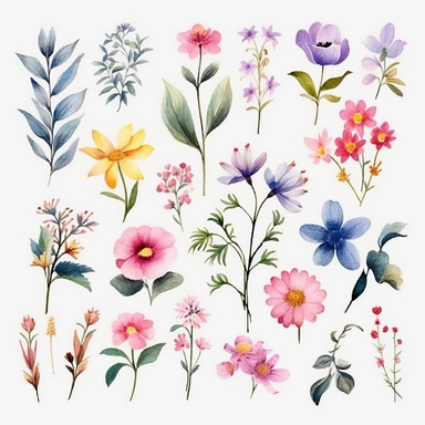 Step into a world of natural beauty with our enchanting watercolor wild floral clipart collection. This carefully crafted assortment of hand-painted flowers captures the essence of the wilderness, bringing a touch of whimsy and elegance to your creative projects. Each element in this collection is a work of art, meticulously painted with vibrant watercolors that exude a sense of liveliness and charm. Delicate wildflowers in a myriad of colors bloom across the canvas, showcasing nature's own brus