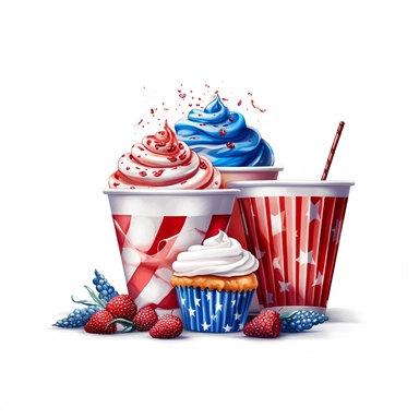painting of 4th of july,patriotic cup,paper cup,coffe cup and more cups togather,hyper realistic,style by art nouveau,indipendence day,red white and blue,celebrate freedom,patriotism,clipart white background