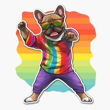 funny sticker, white background, french bulldog dancing, funny rainbow clothing, in style lgbtq, full body, clipart
