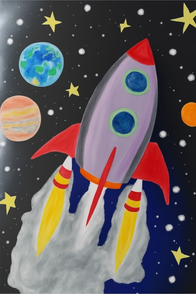 clipart, spaceship with 3 exhaust, space, planets, stars,