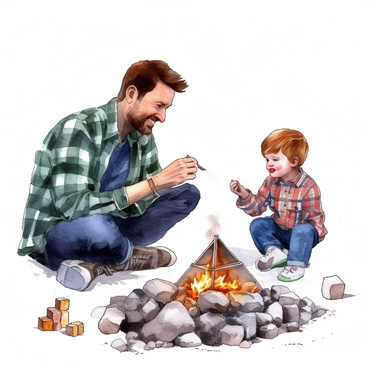 A father and son camping, sitting around a campfire and roasting marshmallows, Watercolor, Clipart, detailed, high resolution, transparent background PNG