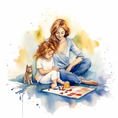 watercolor art of a mother and child playing board games together, with a heart or other decorative element in the background, clipart, white background, 8k