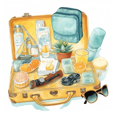 watercolor, hyper realistic, white background, white margins, 16k, ultra detailed clipart, cut out image, hand-drawn, whimsical a suitcase, sunglasses, a camera, a road map, and a snack cooler, all in shades of yellow and teal