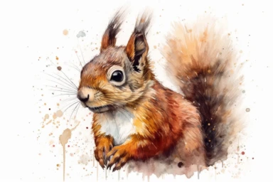 A highly detailed watercolor clipart of an isolated squirrel, by Laura Harris, watercolor specialist, realistic texture, detailed brushwork, high-resolution 300 dpi, nature-inspired art, intricate artwork, fine art quality, animal portrait, botanical art, isolated on white