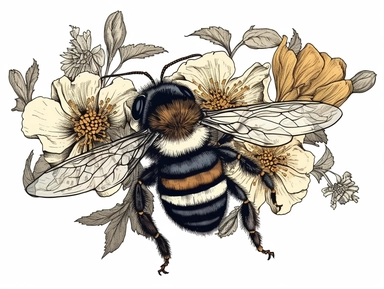 vintage pressed flowers, on a bumblebee , for a T-shirt graphic, minimalist, white background with margins, clipart style
