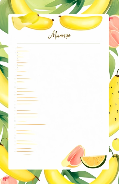 printable stationery design full page with Banana in bottom left corner, flat vector clipart for kids, bright color, Minimalist cartoon style, creative design with watercolors