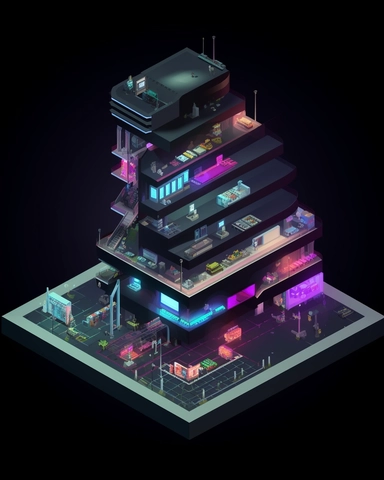 isometric clean pixel art image, game sprite, futuristic random public building concept, gaming asset, sci-fi, fun, creative, cartoon, clipart, hyper-detailed, black background,