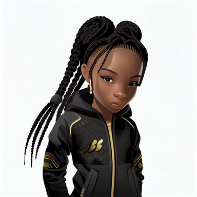 in clipart style Full face portrait centered, full body portrait, with a plain white background of 8k polished award wining photography of neon future branded high fashion and accessories of a stunning black african american little black cat, wearing a r&b Hip hop sweat suit, with long beautiful braids up in a ponytail with smooth brown skin no blemishes, with beautiful long eyelashes and award winning beautiful hazel colored eyes, wearing gold hoop earings in her ears and a matching gold neckla