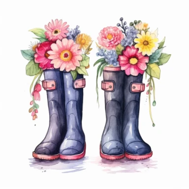 watercolor, Flowers in rubber wellies set. Floral branches, plants with gentle blooms, and leaves in gum boots. Gumboots with delicate summer bouquets png Full body realistic cartoon in 32K UHD cute. 15 cm thick outline. Black color. There was no shadow on the ground. 8k with realistic watercolors and detailed illustrations. PNG clipart, transparent white background