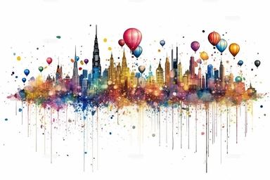 Watercolor, Create a surreal cityscape with skyscrapers made entirely of balloons. clipart, hd, on a white background, spaced out