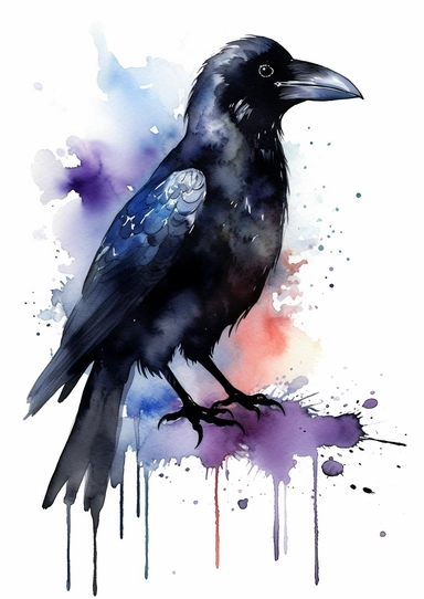 Cute horror gothic raven detailed, watercolor by Thomas w. schaller, clipart, solid background, black color sheme, hd