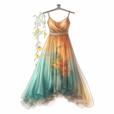 panoramic view, full view, beautiful flowing tropical party dress in vibrant colors on ornate hanger, shabby chic, elegant, ethereal, romantic, fantasy, high detail, shabby chic, sharp focus, 8k, illustration sketch, clipart style, transparent background