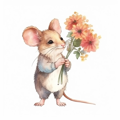 mouse with flowers, profile, full body, pencil and watercolor clipart style, cartoon style, super high quality, high resolution, isolated white background, 8k