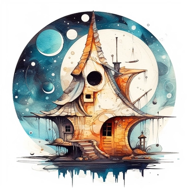 creepy mushroom house with crescent moon and stars clipart, fantasy, detailed, white background, illustration painting, collaged constructions, digital art, watercolor, in the style of sculptural and geometric, forced perspective drawings, Geometric brushstrokes form an intriguingly abstract, painterly figure, Pablo Picasso, Wassily Kandinsky,