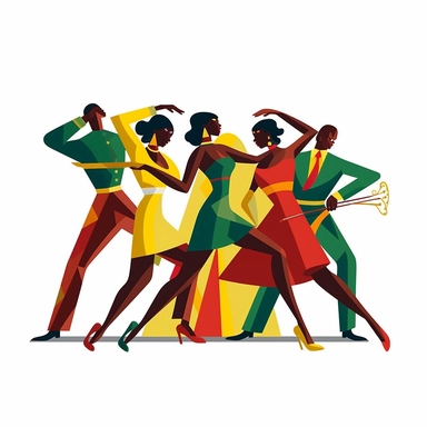 a group of black people jazz dancing, dressed in red, green and yellow, Ernie Barnes art, juneteeth clipart, flat vector style, faceless, minimalist clipart, white background