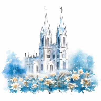 wedding day catholic white church, light blue flowers, watercolor clipart, pure white background, sharp details and ultra HD
