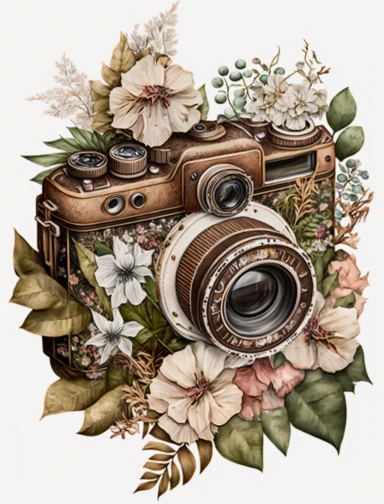 a watercolor old camera 1 photo lens only, colector's item, surrounded by an intricate arrangement of dramatic extravagant ultra realistic digital 3D giant brown and white lucky flowers, in the style of large-scale photography, lush detailing, used style, photorealistic, playfully intricate, made of flowers, bloomcore, 8K, clipart, clear background