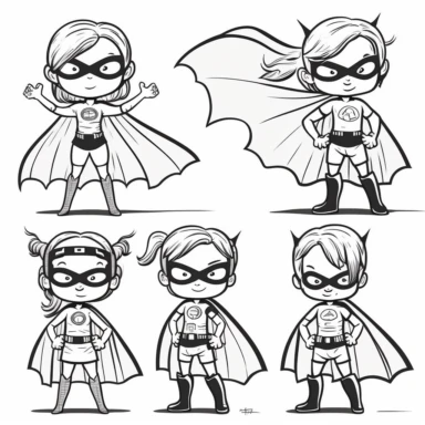 superhero clipart, black and white, white background, line drawing, no shading, multiple poses, cape, for kids, simple