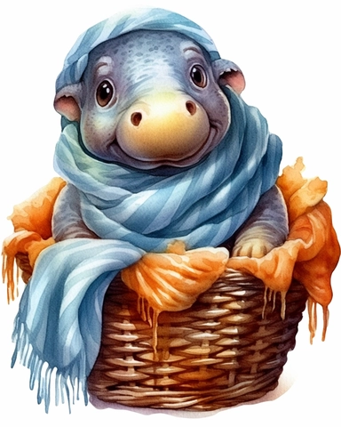detailed watercolor Baby Hippopotamus on a basket with scarf , realistic, isolated on a white background, clipart