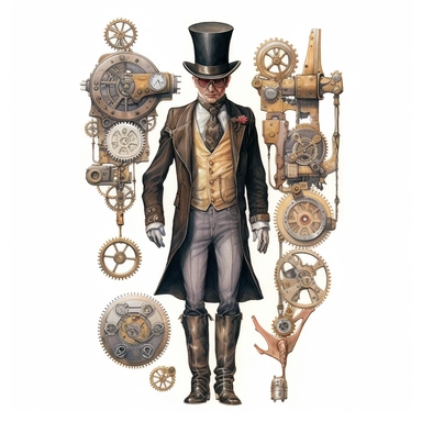 steampunk victorian prototype, full body, watercolor, gears, pinions, calipers, clocks, rivets, top hat, clipart, duo tone, realistic, ultra resolution, vivid detail, 8k, minimal watercolors, white background