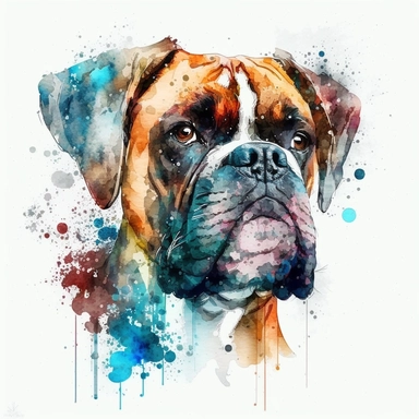 the Boxer dog is painted beautifully with watercolor splashes, in the style of light azure and dark amber, uhd image, avacadopunk, ferrania p30, elegant, emotive faces, high resolution, symmetrical, white background, no overflow, clipart