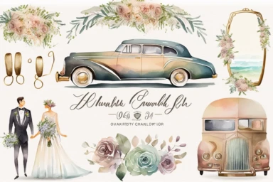 Watercolor clipart, Wedding car, limousine