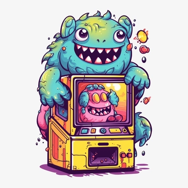 cute and funny little monster playing arcade videogame, transparent clipart graphic