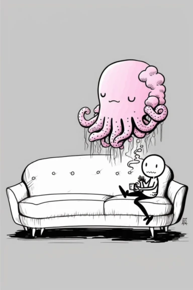 An octopus with a huge pink human brain on a sofa, very simple line art, clipart, black and white, dark lines