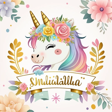 cute unicorn in chibi style with flowers in hair, colourful rainbow colours, well lite, with name plate ribbon with gold trim, watercolor clipart using procreate grain brush, svg white background