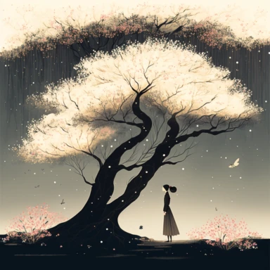 in the style of Ryo Takemasa, xuan loc xuan, Lisa Audit, Anastasia Suvorova, Jon Klassen, greg tocchini, single lady under sakura tree at night, fantasy, limpid, magical, mysterious, white background, vector, clipart, elaborate, ultra-detailed, best quality illustration, vibrant colors, high definition, UHD