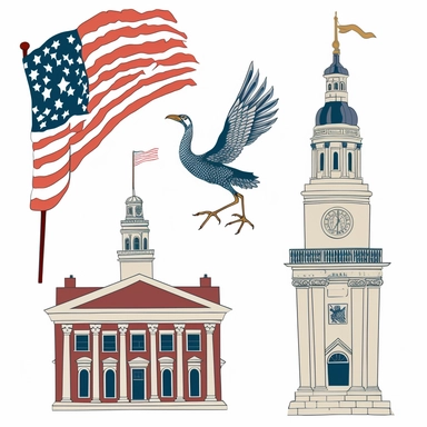 clipart image with iconic symbol, flag, and historic landmark from the American Revolution, perfect for DIY project and craft