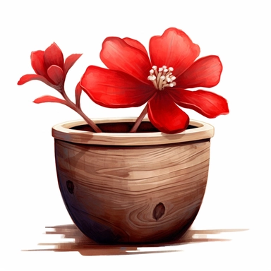 Red Flower inside a brown wood Pot Clipart in the style of oil painting, clean lines on a white background