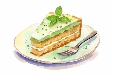 picturesque,a bright simple green tea sponge cake on dish in family restaurant, mint, clipart on white background, watercolor style,detailing, high quality, painted by Beatrix Potter, 8k