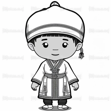 a boy, simple, traditional costume, local food, animal, educational, history, and cultural diversity, clipart style, cute, picture book style, captivating, kid friendly cute character, black and white, coloring book, not color style, cartoon style, vector image, simple, line art style, character, white background