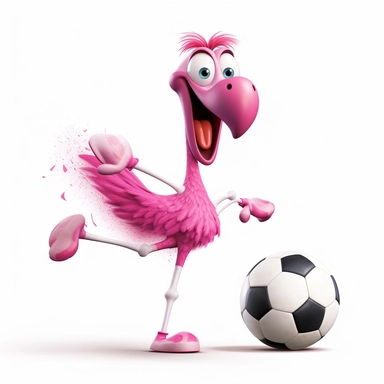 clipart of crazy pink flamingo, there is a happy face on it, long skinny legs running with a soccer ball, for kids, funny, pixar 8k, white background, sharp focus, detailed