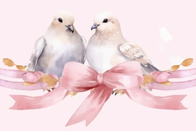 watercolor clipart of doves carrying wide beige ribbon banner on a watercolor painted background, in the style of white and light pink, symbolic identity, persian miniature, logo, li wei, decorative bordersin the style of realistic watercolor portrait drawings, algeapunk, transparent/translucent medium, elegant style, hd clipart, no background, clean background, spaced out