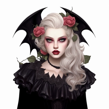 Barbie, vampire, black cape, fangs, dramatic makeup, bat, flowers, beautiful face, high quality, clipart, white background