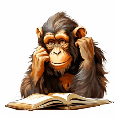 Clipart of a curious monkey sitting and reading a book, hand-drawn back to school clip art, white background