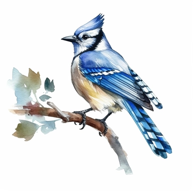 watercolor style, blue jay bird on a branch clipart, isolated on white background, 4K