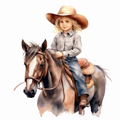 adorable cute vintage little girl in cowboy hat riding pony, watercolor clipart, high quality clipart, no background , high details