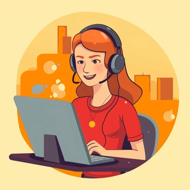 customer support representative working from the comfort of their home office. The image should convey a sense of reliability, helpfulness, and a warm customer-centric approach. The customer support representative should be depicted with a pleasant smile, engaged in a conversation with a customer through a computer or headset. Clipart sticker