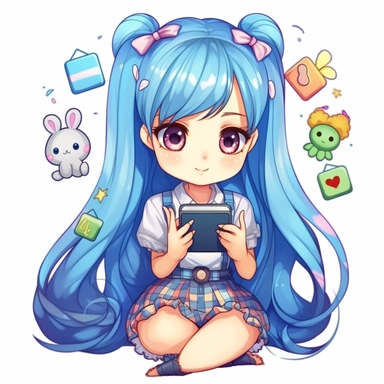 cartoon drawing of a cute bloned girl wearing colourful baby blue plaid dress with white collar, holding a flip phone and and looking at you with doe eyes, the girl has fringe with there are lots of colourful hair clips on the hair, heart shapes clips, bunny shapes clips, and tiny ribbons clips, her arms have cute minimalistic tattoos in bunny shape, heart shape, bear shapes, and bird shapes, drawing in y2k style, retro style, 2000s style, cyber y2k style, drawing style similar to Japanese Sailo