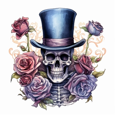 Skeleton, wearing top hat, gothic roses, watercolor, clipart elements, smooth gradients, black contour outline, ultra detailed, white background, super clear, high quality style by Lucy Fleming, watercolor, smooth gradients, black contour outline, ultra detailed, clipart elements, delicate pastel colors, solid white background, super clear, high quality
