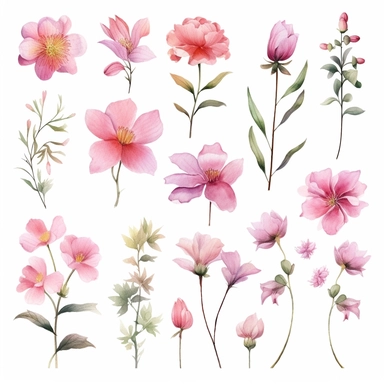 Ethereal watercolor clipart set featuring different pink flower species, portrayed from various angles, arranged in a composition that appears as if the flowers themselves are floating on a gentle breeze, a symbol of freedom, liberation, and the fleeting nature of beauty, clipart on a white backdrop.