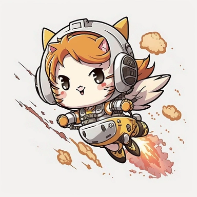 cute baby kitten flying with a jetpack clipart, kawaii chibi, cartoon