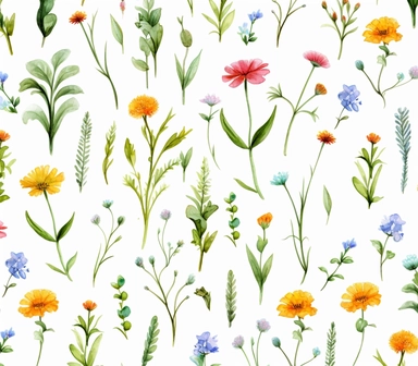 flora, flowers, Watercolor, vector, white background, clipart, Seamless patterns, repeating patterns design, flat illustration, outlined , Vector, 4K, Art station, digital print, highly detailed clean, A detailed illustration a field,3D vector art, cute and quirky, fantasy art, watercolor effect, bokeh, Adobe Illustrator, hand-drawn, digital painting, low-poly, soft lighting, bird's-eye view, isometric style, retro aesthetic, focused on the character, 4K resolution, vector image, photorealistic 