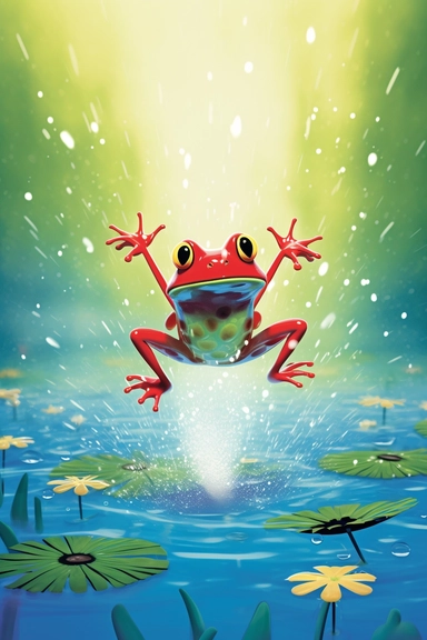 clipart, frog wearing red backpack jumping out of a lilly pad pond, surprised and scared expression, water splashing around, surrounded by greenery, blues and green hues, children's book setting