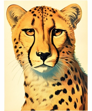Vintage 1920 Front View Portrait of Cheetah Head looking at the camera Illustration , Chromolithograph, Die Cut, 1920s Illustration, Vintage, Chromolithograph, Colorful, Antique, Ephemera, Clipart, 8k, Isolated on white