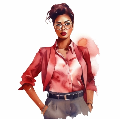 watercolor style, african american lady boss in fashion chic clothes, perfect look, classic colors, expressing self-confidence and empowerment. clipart, isolated on white background, hd