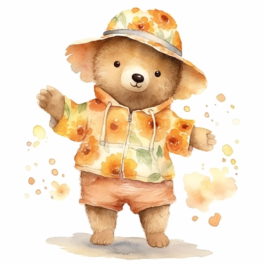 Cute baby bear clipart, happy expression, standing in dynamic pose, full body,2000s color scheme, wear sun hat,Floral print dres, front view, in the style of watercolor cartoon clipart, kate greenaway style, high resolution, composition free space,watercolour clipart, watercolor illlustration for kids and children, isolated white background, clipart most popular on etsy, book illustration, featured on dribble, print on demand image, PNG tranparent background, composition medium shot, no text